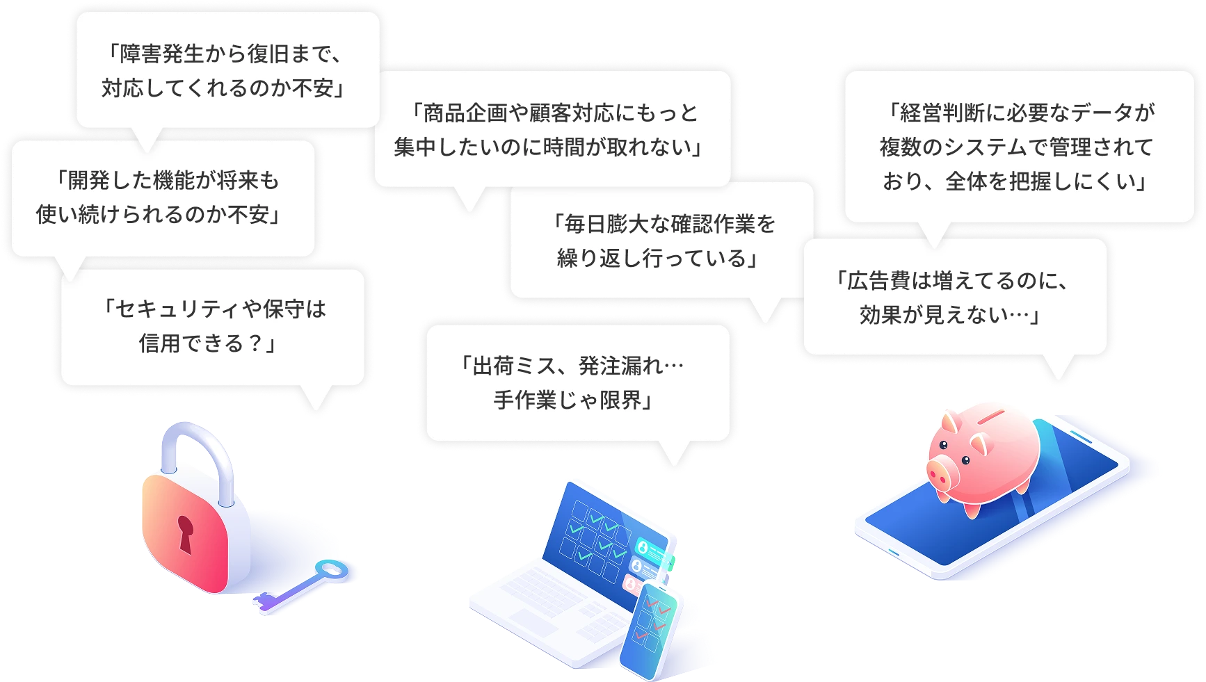 「セキュリティや保守は信用できる？」「出荷ミス、発注漏れ…手作業じゃ限界」「広告費は増えてるのに、効果が見えない…」